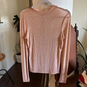 Windsor Nude Mesh Rhinestone-Studded Blouse‎